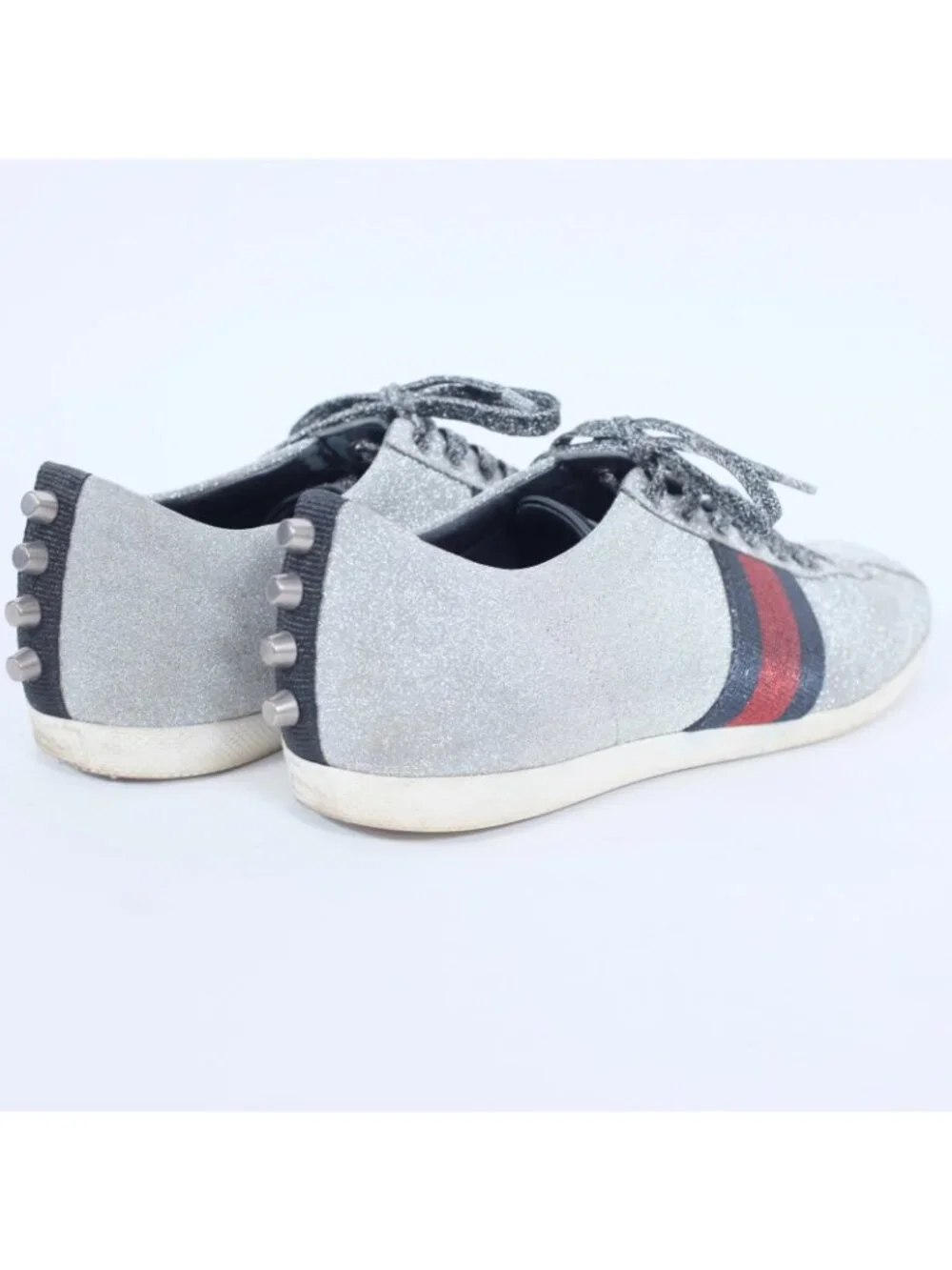 GUCCI Ace Glitter Trainers Sneakers 9.5 D Silver Web
